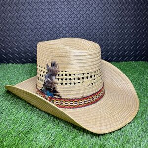 Vtg RIO GRANDE Cowboy Hat Men 7 Chihuahua Straw‎ Feather High Dome Mexico